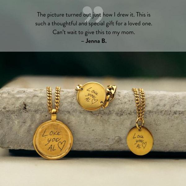 A close-up product shot featuring three gold necklaces with engraved handwriting, paired with a heartfelt customer review.