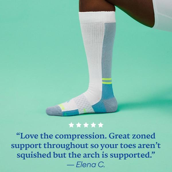 A 1:1 square graphic featuring a high-quality product shot of a compression sock paired with a 5-star customer review.