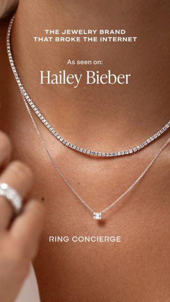A close-up aesthetic shot of a diamond necklace and bracelet on a person, featuring text copy that highlights celebrity association to build immediate brand authority.