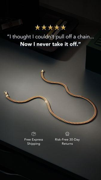 A minimalist, high-end product shot of a gold cuban link chain featuring a five-star customer review as the primary hook.