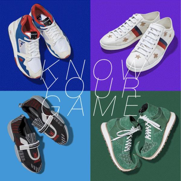 A high-contrast 1_1 grid layout showcasing four distinct styles of sneakers, unified by a central bold typography hook.