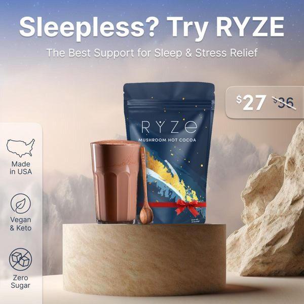 A square-format static ad highlighting the benefits of mushroom hot cocoa for sleep and stress relief, featuring a clear price reduction.