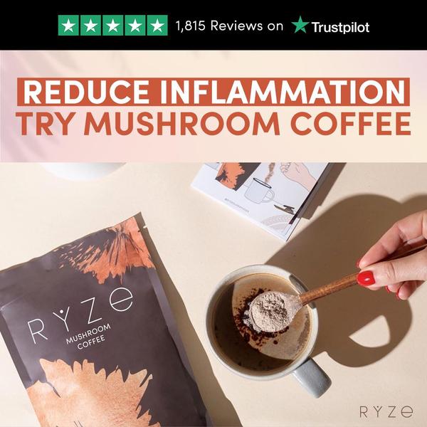 This static creative showcases a pack of mushroom coffee alongside a freshly prepared cup, highlighting social proof and a direct health claim.