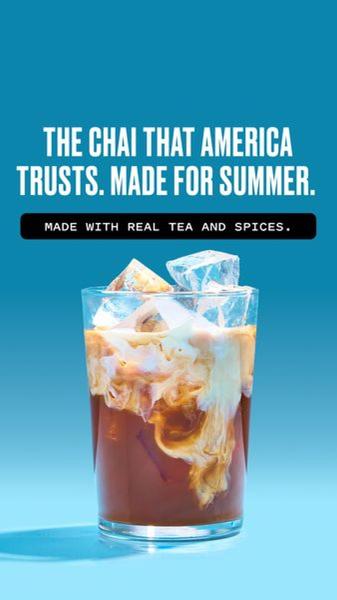 A high-contrast, summer-focused product shot of iced chai tea against a bold blue backdrop, highlighting natural ingredients with a strong value proposition.