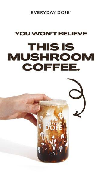 A minimalist, high-contrast creative using a bold, provocative headline to challenge consumer perceptions of a mushroom-based beverage.