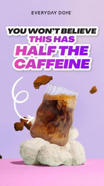 A direct-to-camera style aesthetic ad using a bold text hook over a floating product shot to announce the brand's low-caffeine content.