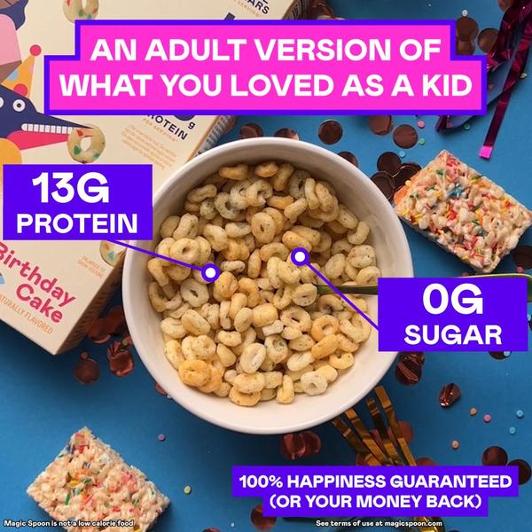 A high-contrast 1:1 square advertisement for Birthday Cake cereal, utilizing bold purple text overlays to highlight key nutritional benefits against a playful, colorful background.