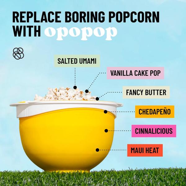 A clean, minimalist 1:1 creative that uses a bright yellow bowl as a central anchor to visually map six distinct popcorn flavors against a light blue sky.