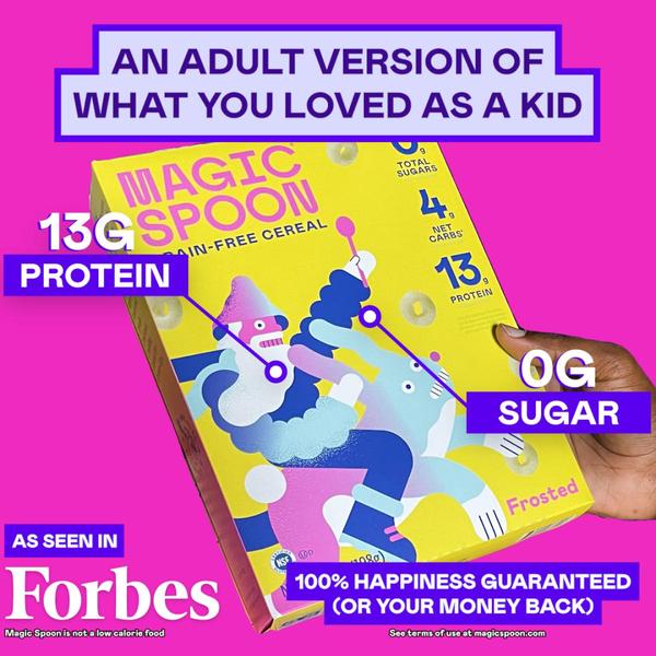A 1:1 ratio ad creative featuring a bold, colorful product shot of a high-protein cereal box with clear text overlays highlighting nutritional specs and social proof.