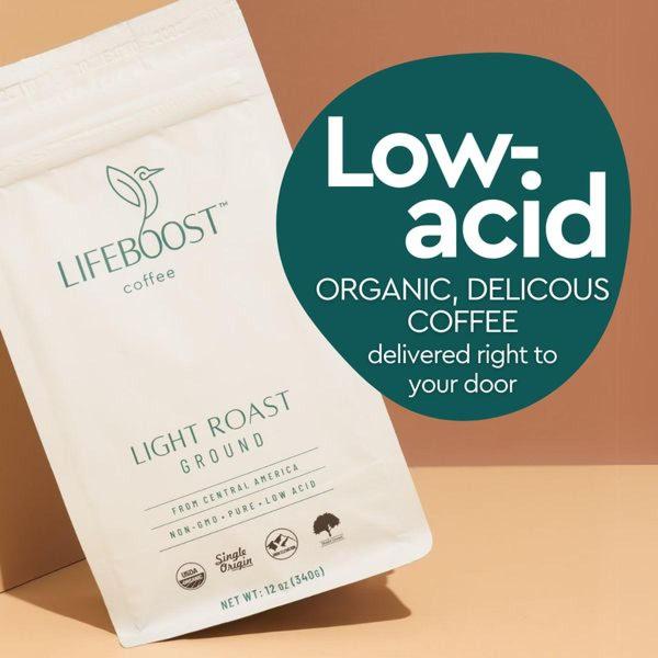 A clean, minimalist 1:1 square graphic that emphasizes the core health benefit of the coffee alongside the product packaging.