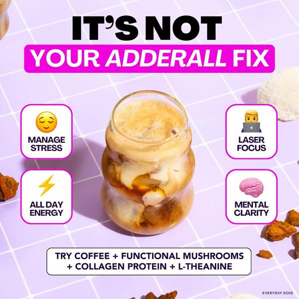 A square-ratio ad featuring a glass of iced coffee with text clearly contrasting traditional ADHD medication benefits with functional mushroom alternatives.