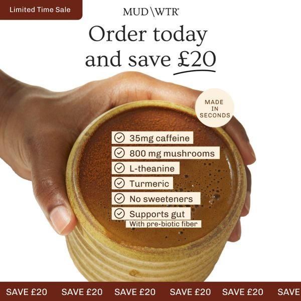 A square 1:1 ad creative highlighting product benefits with a clear list format overlaid on a hand-held beverage product shot.