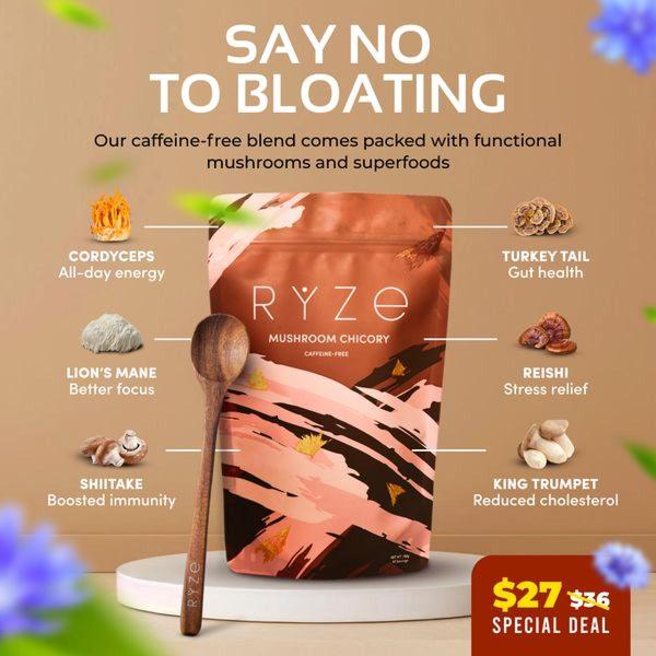 This ad creative displays a package of mushroom chicory alongside labeled superfood ingredients to communicate health benefits and gut health outcomes.