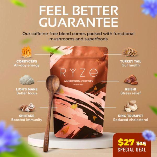 A square-format static ad highlighting the health benefits of six functional ingredients around a central product package.