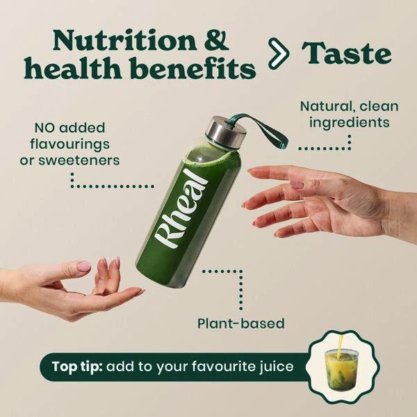 A clean, minimalist 1:1 square advertisement for green powder, using a product bottle center-stage with floating text callouts for key health benefits.