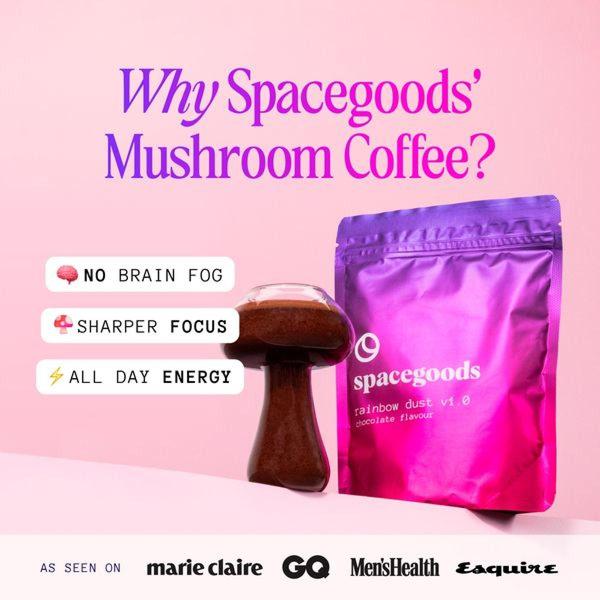 A clean, high-contrast 1:1 graphic showing a mushroom-shaped coffee mug alongside its branded packaging, highlighting three core physical benefits.