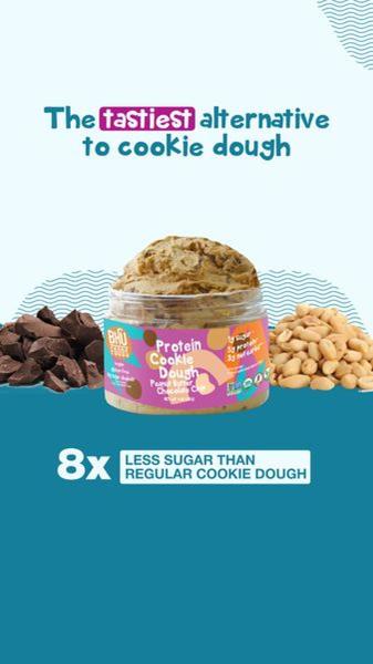 This vertical ad creative positions a Protein Cookie Dough product as a healthier alternative to traditional dough by highlighting a massive sugar reduction.