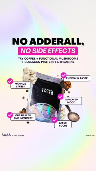 A vertical 9:16 ad creative comparing mushroom coffee benefits to pharmaceutical alternatives using bold text overlays and clear call-outs.