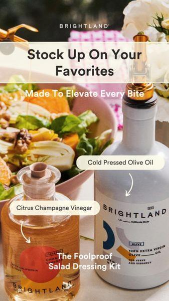 A high-quality 9:16 vertical creative showcasing premium olive oil and citrus champagne vinegar alongside a fresh salad, emphasizing a simple preparation kit.