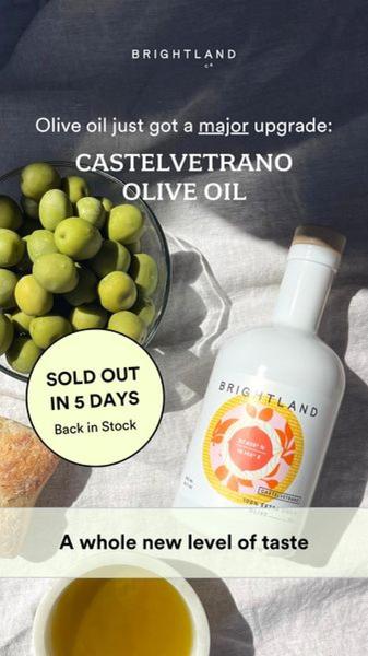 This creative showcases a premium bottle of Castelvetrano olive oil alongside raw ingredients, emphasizing a limited inventory status to drive urgency.