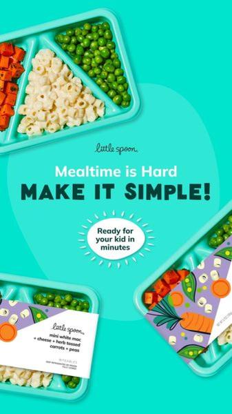 A clean, high-contrast flat lay showcasing children's meal trays with bold, direct typography that calls out the parent's primary struggle.