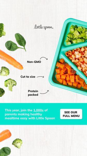 This ad creative uses a split-screen approach with fresh produce ingredients on one side and a partitioned meal tray on the other, using direct labels to highlight benefits.