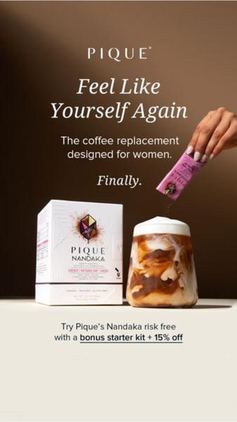 A high-contrast lifestyle ad for a women-focused functional beverage featuring a clean, minimalist product pour shot and direct problem-solution copy.