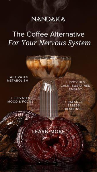 A high-contrast, moody product shot featuring a medicinal mushroom extract, positioning the beverage as a calm alternative to coffee.