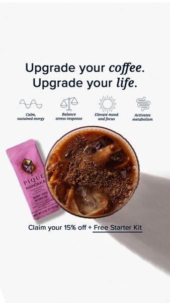 A clean, high-contrast creative presenting a product sachet alongside a prepared drink, featuring four clear icons representing the primary functional benefits.