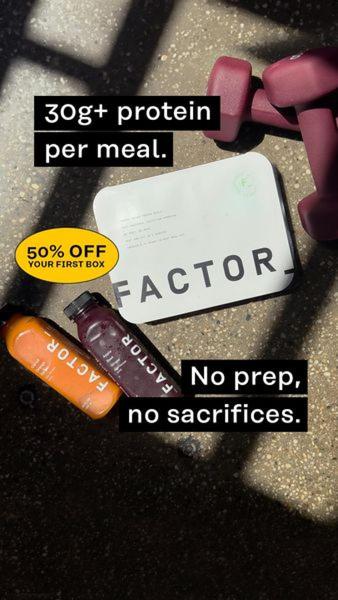 A top-down, high-angle product photograph featuring a meal delivery kit, health drinks, and dumbbells with bold benefit-driven text overlays.