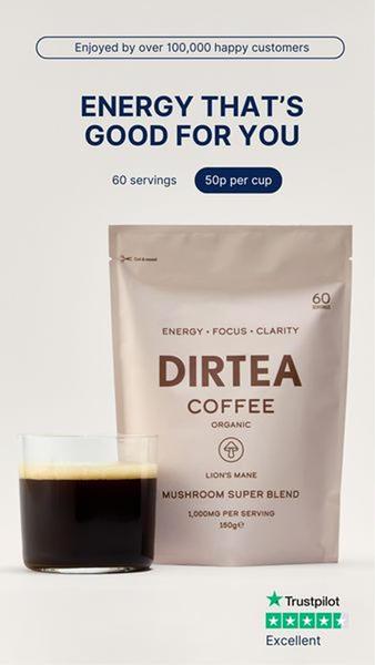 A clean, high-contrast ad creative for a mushroom coffee product that highlights social proof, cost per serving, and product benefits.