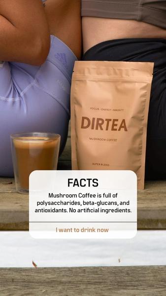 A vertical-format ad focusing on the nutritional benefits of mushroom coffee, highlighting ingredients like beta-glucans and antioxidants in a minimalist layout.