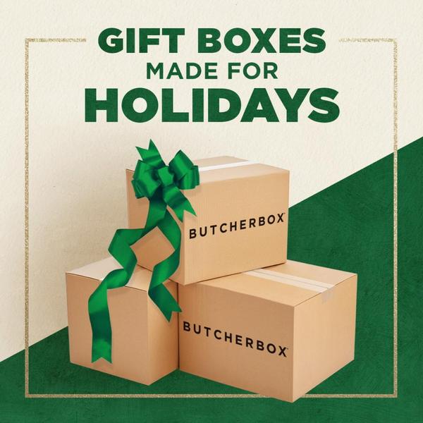 This creative showcases multiple gift boxes arranged with a festive green bow, utilizing a clean, high-contrast split background to emphasize holiday gifting.