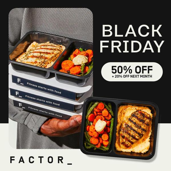 A top-down, high-contrast creative showcasing meal delivery containers stacked with a promotional Black Friday offer of 50% off.