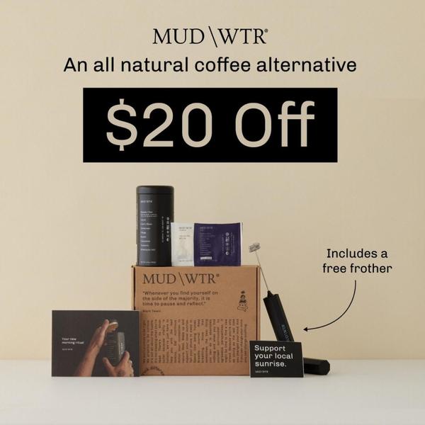 A clean, high-contrast promotional image showcasing a product bundle including a coffee alternative canister, sachets, and a free frother.