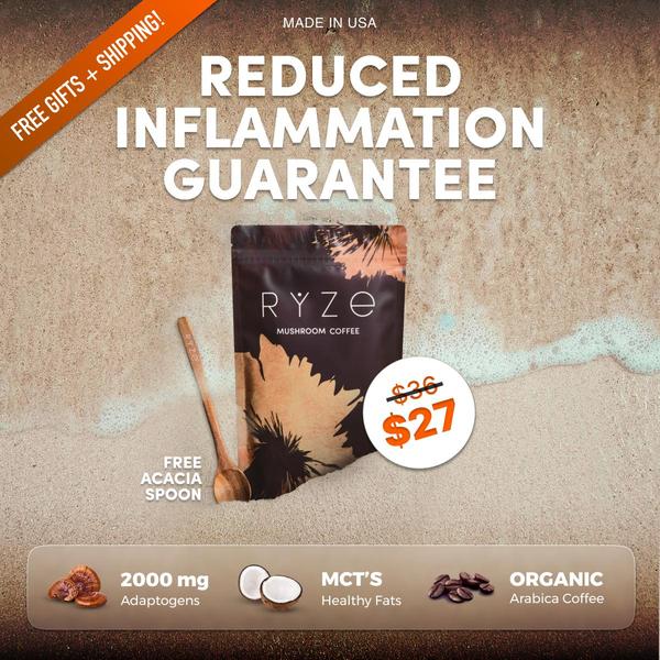 Square ad for mushroom coffee with a Reduced Inflammation Guarantee headline above the product pack, a crossed-out price next to a sale price, and an ingredient row at the bottom