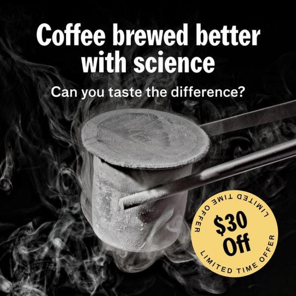 A high-contrast 1:1 square ad for a coffee filter featuring a professional product shot with smoke effects and a bold promotional offer.