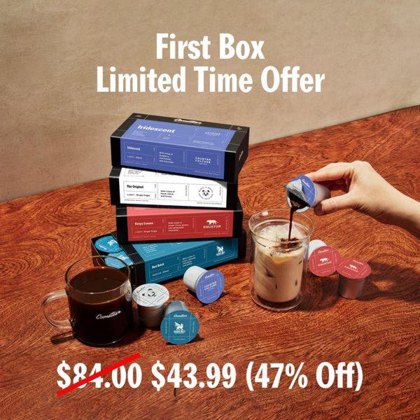 A high-contrast, overhead-view product shot featuring a coffee capsule subscription box alongside a glass of iced coffee, showcasing a bold price-off incentive.