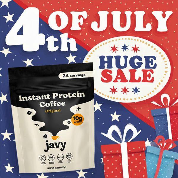 A festive, product-focused ad creative utilizing a 4th of July seasonal sale theme to drive attention to a pouch of Instant Protein Coffee.