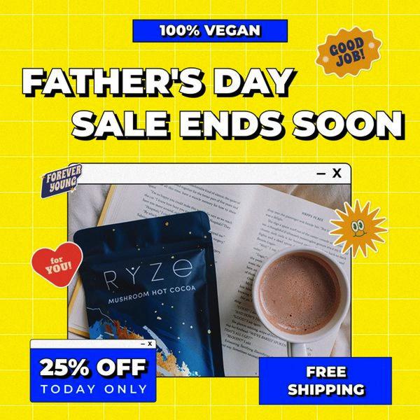A square-formatted promotional ad featuring a cozy lifestyle shot of mushroom hot cocoa with clear urgency-driven sale messaging.