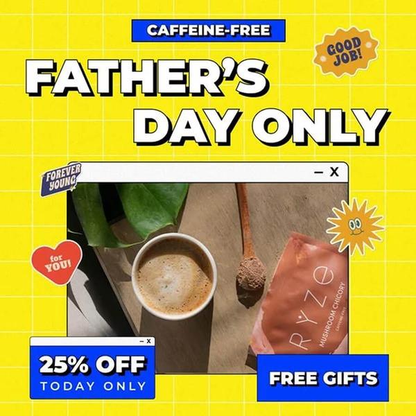 A festive, grid-style promotional ad featuring a minimalist product hero shot of a mushroom chicory drink, clearly highlighting a Father's Day sale offer.