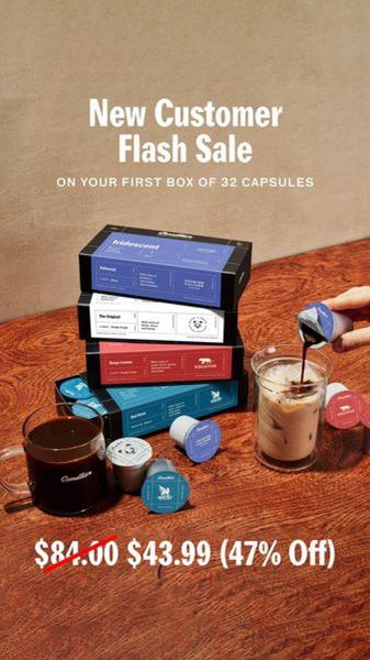 This static 9:16 ad features a staged product shot of four coffee capsule boxes and an iced coffee drink on a rustic table, highlighting a flash sale discount.