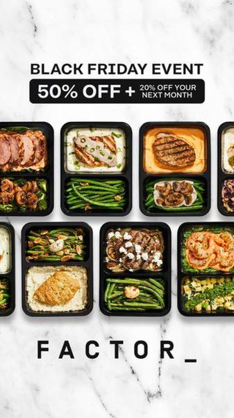 This creative showcases a curated grid of various meal kit containers, utilizing a clear text overlay to communicate a time-sensitive Black Friday promotion.
