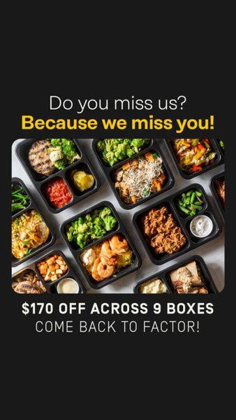A direct-response win-back ad featuring a high-quality top-down shot of various pre-prepared meal trays, highlighting a specific dollar-off discount.
