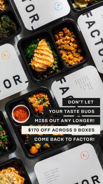 This top-down product shot uses a clear, high-value offer overlay to re-target previous meal kit customers.