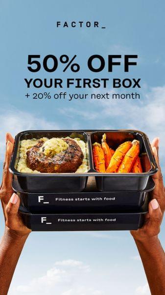 A vertical 9:16 ad creative showcasing a meal kit tray held by human hands against a clear sky background to highlight a direct discount offer.