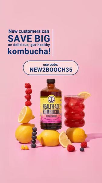 A clean, color-blocked composition featuring the product bottle balanced with fresh ingredients and a bold, clear discount code for new customers.