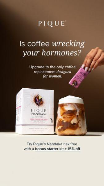 Vertical ad for a coffee alternative with the question headline Is coffee wrecking your hormones in cream, brown and purple tones with a risk-free trial offer
