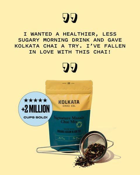 A clean, minimalist 1:1 square graphic that features a customer quote about a healthier drink alternative placed above the product and a star-rating badge.