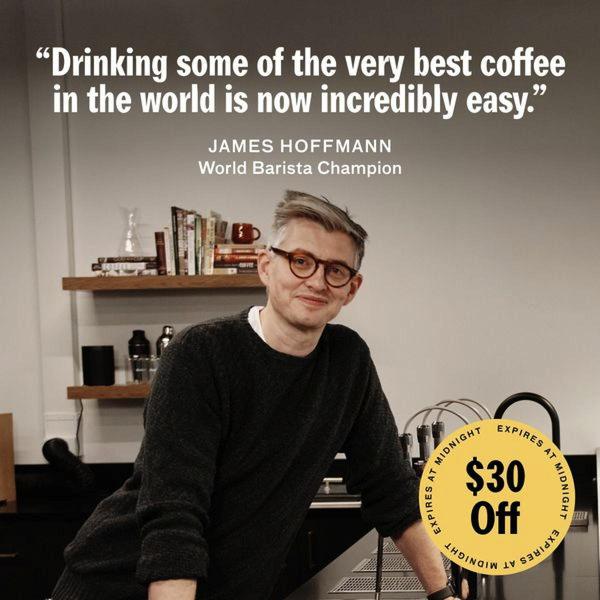 A high-authority testimonial featuring a renowned barista praising the ease of use of a coffee machine, paired with an urgent discount offer.